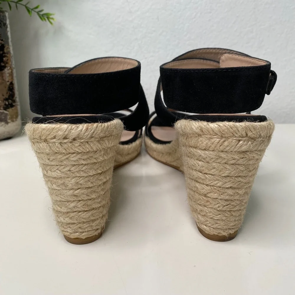 Stuart Weitzman Lexia Espadrille Wedge‎ Sandal Ankle Strap Black Suede Size 8